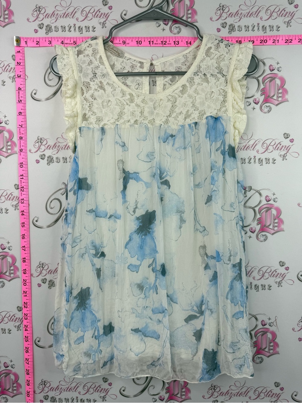 Bellambra Italy tank top Lace Yoke Floral Chiffon Blouse - Blue & White